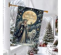 Drapeau de la maison de vœux du solstice d'hiver - 71,1 x 101,6 cm | Déesse d'hiver fantastique, drapeau de pelouse, compagnon de loup blanc, paysage de forêt au clair de lune, personnel magique