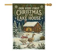 Drapeau de la maison des oies du lac First Christmas At The Lake 71 x 101,6 | Cabane d'hiver, drapeau de pelouse, paysage enneigé, décoration de maison de vacances, cadeau de pendaison de crémaillère