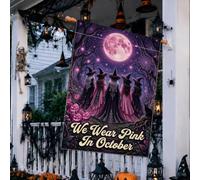Drapeau de la maison d'Halloween avec citation de sorcière pour la | Thème pêche octobre, drapeau de pelouse, toile de fond pleine lune, sensibilisation au cancer du sein