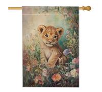Drapeau de la maison du lion, fleurs fantaisistes de l'herbe verte printanière double face en toile de jute pour extérieur, pelouse, cour, patio, entrée 71,1 x 101,6 cm