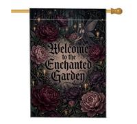 Drapeau de la maison féérique enchanté avec citation de bienvenue 71 x 101 | Thème floral foncé, drapeau de pelouse, art fantastique éthéré, style romantique gothique, accents de jardin extérieur