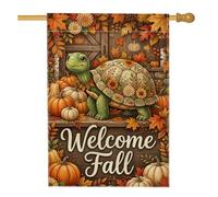 Drapeau de la maison Welcome Fall Tortue Citrouilles 71,1 x 101,6 cm | Citrouilles d'automne, drapeau de cour, fond en bois rustique, feuillage de récolte, décoration extérieure saisonnière