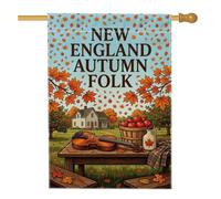 Drapeau de la Nouvelle-Angleterre Récolte d'automne Thème folk maison | violon, drapeau de cour, panier de fruits, ferme, feuilles tombantes, paysage de campagne