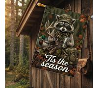Drapeau de la saison de chasse - Raton laveur - Maison d'automne - 71 x 101 | Camouflage raton laveur, drapeau de cour, bois de cerf, jumelles, canard, fond de forêt, thème de chasse