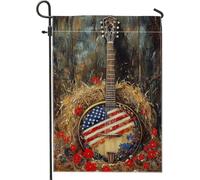 Drapeau de l'Amérique du printemps et de l'été, banjo de jardin, bannière de jardin rustique pour décoration d'intérieur de campagne, bannière de cour, décoration de pelouse extérieure double face
