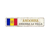 Drapeau de l'Andorre - Décoration murale en métal - Pancarte de la capitale - Andorra La Vella - Décoration vintage - Souvenir du pays - Plaque en métal de qualité pour chambre à coucher - 45,7 x