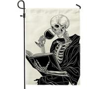 Drapeau de lecture squelette d'Halloween - Bannière effrayante noire et blanche - Décoration d'intérieur double face en toile de jute - 30,5 x 45,7 cm