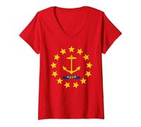 Drapeau de l'espoir du Rhode Island T-Shirt avec Col en V, Femme, Rouge, M