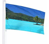 Drapeau de l'île Décor 0,9 x 1,5 m Tropical Palmiers Montagne Océan Mer Ciel Ensoleillé Relax Nature Pelouse Nuage Polyester Imprimé Motif Décoration d'extérieur pour Maisons et Jardins