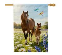 Drapeau de maison à cheval, nature rustique poulain chrysanthème vert printemps double face toile de jute extérieur grand drapeau de jardin pour extérieur, pelouse, cour, patio, entrée 71,1 x 101,6 cm