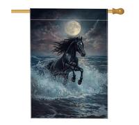 Drapeau de maison à cheval, réaliste, fantaisie, lune, océan, noir, double face, en toile de jute décorative pour extérieur, terrasse, cour, pelouse, entrée, balcon, 71 x 101 cm