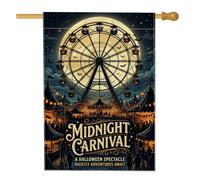 Drapeau de maison à grande roue sur le thème du carnaval de minuit | Toile de fond pleine lune, drapeau de pelouse, thème effrayant de carnaval, silhouettes, décoration de cour d'automne