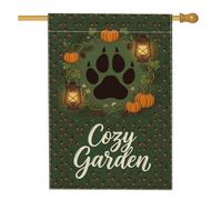 Drapeau de maison à imprimé de pattes, lanterne rustique d'automne en toile de jute verte d'automne double face pour extérieur, terrasse, pelouse, entrée, camping 71,1 x 101,6 cm