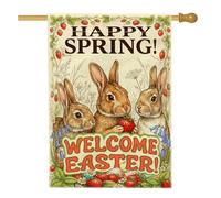 Drapeau de maison à lapin, fleurs de fraises festives printanières, marron, double face, en toile de jute décorative pour extérieur, cour, pelouse, terrasse, porte, entrée, 71,1 x 101,6 cm