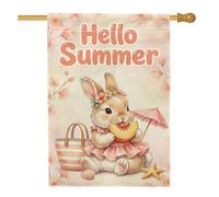 Drapeau de maison à lapin, parapluie d'été mignon pêche d'été en toile de jute double face pour porche, extérieur, terrasse, cour, pelouse, entrée, balcon, 71 x 101 cm