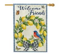 Drapeau de maison à oiseaux, couronne de citron rustique en toile de jute jaune printanière, double face, drapeaux décoratifs pour extérieur, cour, pelouse, terrasse, porte, entrée, 71,1 x 101,6 cm