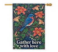 Drapeau de maison à oiseaux, fleur naturelle botanique, feuille, bleu printemps, toile de jute double face pour extérieur, terrasse, pelouse, entrée, camping, 71,1 x 101,6 cm
