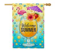 Drapeau de maison à oiseaux tropicaux, cocktail tropical d'été, hibiscus, jaune d'été, double face, en toile de jute décorative pour extérieur, terrasse, cour, pelouse, entrée, balcon, 71 x 101 cm