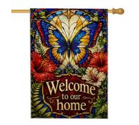 Drapeau de maison à papillon, fougère botanique d'hibiscus en toile de jute bleue d'été double face pour extérieur, terrasse, cour, pelouse, entrée, balcon, 71 x 101 cm
