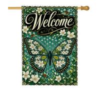 Drapeau de maison à papillons, fleurs de bienvenue, abeilles, printemps bleu sarcelle, double face, toile de jute pour extérieur, terrasse, pelouse, entrée, camping, 71 x 101,6 cm