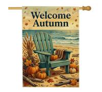 Drapeau de maison Adirondack pour chaise de plage d'automne, 71 x 101,6 cm | Thème plage côtière, drapeau de pelouse, citrouilles et blé, bois flotté rustique, feuillage d'automne saisonnier