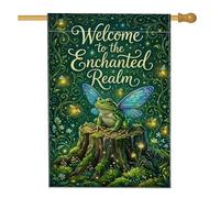 Drapeau de maison amphibien, fantaisie papillon lucioles vert été double face en toile de jute pour extérieur, cour, pelouse, terrasse, porte, entrée, 71,1 x 101,6 cm