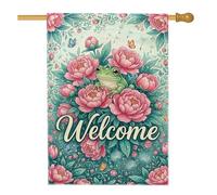 Drapeau de maison amphibien, pivoine fantaisie, papillon, printemps, pêche, toile de jute double face, drapeaux décoratifs pour extérieur, cour, pelouse, terrasse, porte, entrée, 71 x 101,6 cm