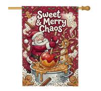 Drapeau de maison amusant avec citation du Père Noël et du renne 71 x 101 | Biscuit en pain d'épices, drapeau de pelouse, renne, pommes au caramel, bâtons de cannelle, illustration fantaisie
