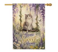 Drapeau de maison aquarelle chat sur balançoire 71,1 x 101,6 cm | Vignes de glycine, drapeau de cour, accents de papillon, balançoire en bois rustique, esthétique rustique