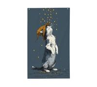 Drapeau de maison avec chat blanc gris avec étoiles dorées, 91 x 152 cm, bannière de vœux avec œillets, décoration d'intérieur ou d'extérieur