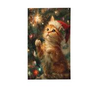 Drapeau de maison avec chat orange tenant une baguette magique, bannière de vœux avec œillets, décoration d'intérieur ou d'extérieur