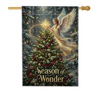 Drapeau de maison avec citation « Angel Christmas Tree Wonder » - 71 x 101 | Étoile lumineuse, drapeau de cour, pin riche, fond de forêt enneigée, lettrage élégant, thème du pays des merveilles d'hiver