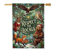 Drapeau de maison avec citation de Noël Respect The Locals Wildlife 71,1 x | Animaux de la forêt, drapeau de cour, branches de pin d'hiver, baies de houx, typographie rustique, décoration extérieure