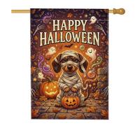 Drapeau de maison avec citation d'Halloween Mummy Teckel 71 x 101 cm | Illustration de chien momie, drapeau de pelouse, seau Jack-o'-lanterne, fantômes flottants, feuilles d'automne