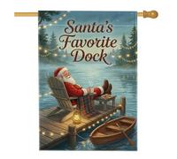 Drapeau de maison avec citation du Père Noël relaxant au lac 71 x 101 cm | Chaise Adirondack, drapeau de cour, quai en bois, paysage de lac, guirlandes lumineuses, soirée d'hiver