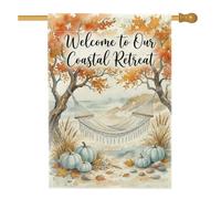 Drapeau de maison avec citation en forme de hamac de plage d'automne côtier | Thème côtier, drapeau de pelouse, scène de plage, feuillage d'automne, citrouilles, atmosphère relaxante