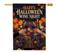 Drapeau de maison avec citation Halloween Wine Night Lunettes 71,1 x 101,6 | Jack-o'-lanterns, drapeau de pelouse, feuilles d'automne, serviettes violettes, décor de table effrayant
