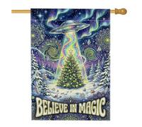 Drapeau de maison avec citation magique de Noël - Vaisseau spatial - 71 x | Motifs mandala, drapeau de cour, aurore boréale, thème science-fiction, forêt d'hiver, impression recto-verso