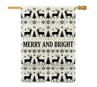 Drapeau de maison avec citation Merry And Bright Renne 71 x 101 cm | Motif Fair Isle, drapeau de pelouse, motifs de pin, accents de flocon de neige, décoration de porche d'hiver