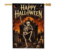 Drapeau de maison avec citation squelette dansant Halloween 71 x 101 cm | Motif squelette dansant, drapeau de cour, scène de cimetière gothique, fond de coucher de soleil orange vif