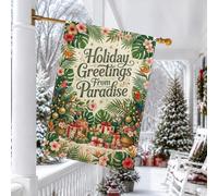 Drapeau de maison avec citation tropicale paradisiaque de Noël, perroquets | Art floral tropical, drapeau de pelouse, boîtes cadeaux, ornements décoratifs, décoration de jardin saisonnier