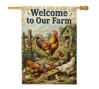 Drapeau de maison avec coq - Style rustique - Motif poulets de campagne - Marron - Double face - Décoration extérieure - Pour extérieur, cour, pelouse, patio, porte, entrée - 71 x 101 cm