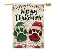 Drapeau de maison avec empreintes de pattes, lumières festives de Noël, chapeau de Père Noël, vert double face, en toile de jute décorative pour extérieur, terrasse, pelouse, entrée, camping, 71,1 x