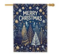 Drapeau de maison avec inscription Merry Christmas Gold Tree Ornament 71,1 | Ornements dorés, drapeau de cour, étoiles d'hiver, forêt de pins géométriques, accents d'entrée saisonniers