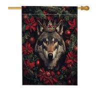 Drapeau de maison avec loup Merry Christmas - 71,1 x 101,6 cm - Double face pour décoration extérieure, poinsettia animal de Noël - Toile pour la maison, les vacances, la faune sauvage - Drapeau