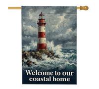 Drapeau de maison avec phare, vagues nautiques côtières, roches rouges d'été double face en toile de jute décorative pour extérieur, pelouse, cour, patio, entrée 71,1 x 101,6 cm
