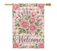 Drapeau de maison avec roses, fleurs de lavande, abeilles, pêche printanière, toile de jute double face, drapeaux décoratifs pour porche, extérieur, terrasse, pelouse, entrée, camping, 71,1 x 101,6 cm