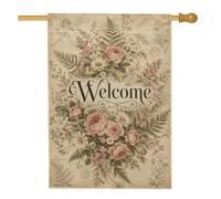 Drapeau de maison avec roses, marguerites rustiques, fougères, printemps pastel, toile de jute double face, décoration extérieure pour extérieur, terrasse, cour, pelouse, entrée, balcon, 71,1 x 101,6