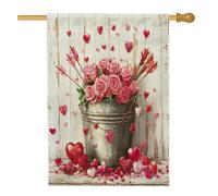 Drapeau de maison avec roses - Seau vintage romantique à cœurs - Pour la Saint-Valentin - Double face en toile de jute - Drapeaux décoratifs pour extérieur, terrasse, pelouse, entrée, camping - 71,1 x