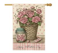 Drapeau de maison avec roses - Style romantique vintage - Motif cœurs - Pour la Saint-Valentin, la Saint-Valentin - Double face - En toile de jute - Pour extérieur, pelouse, cour, patio, entrée - 71,1